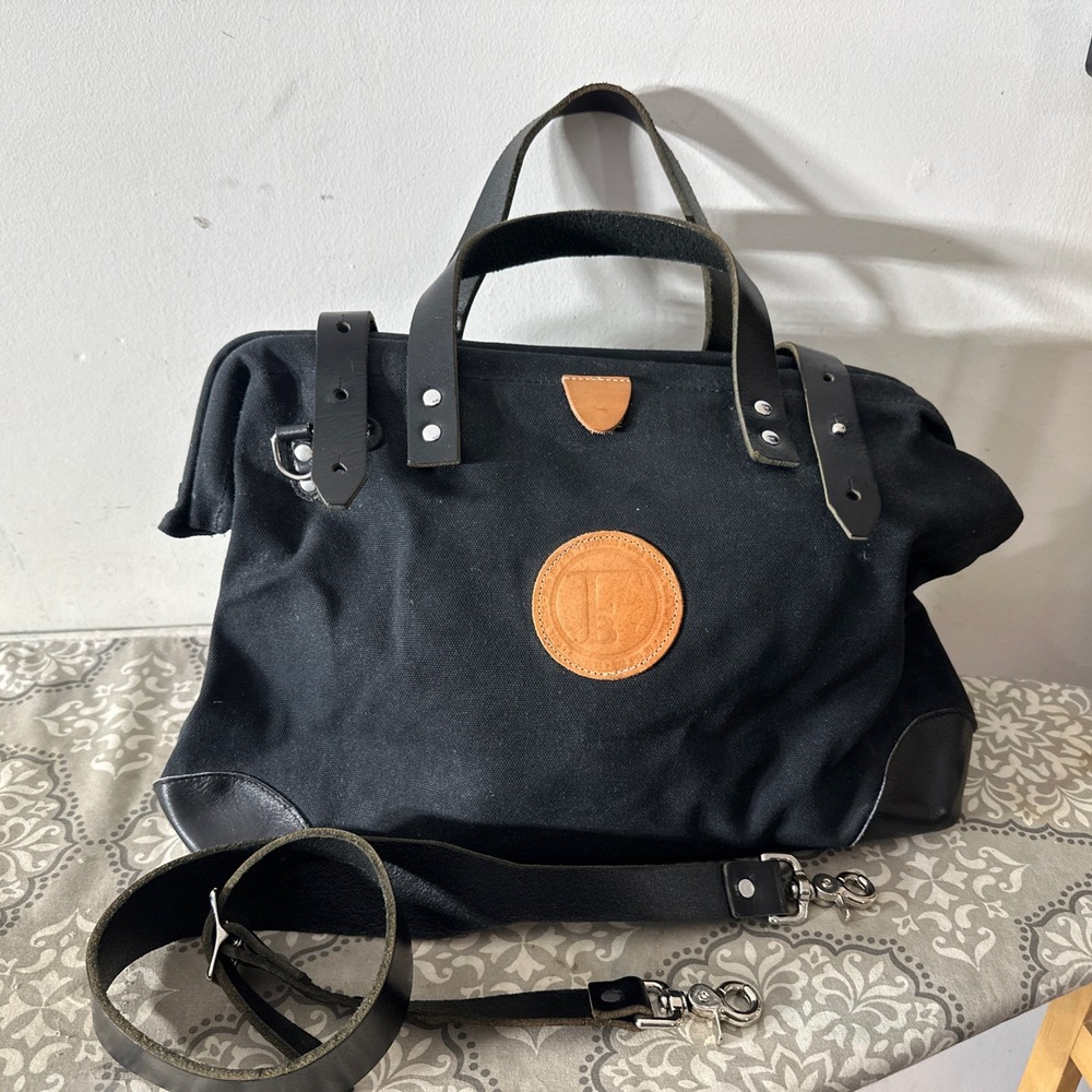 Fleabag Black Canvas with Leather Trim Duffle Crossbody Shoulder Handbag